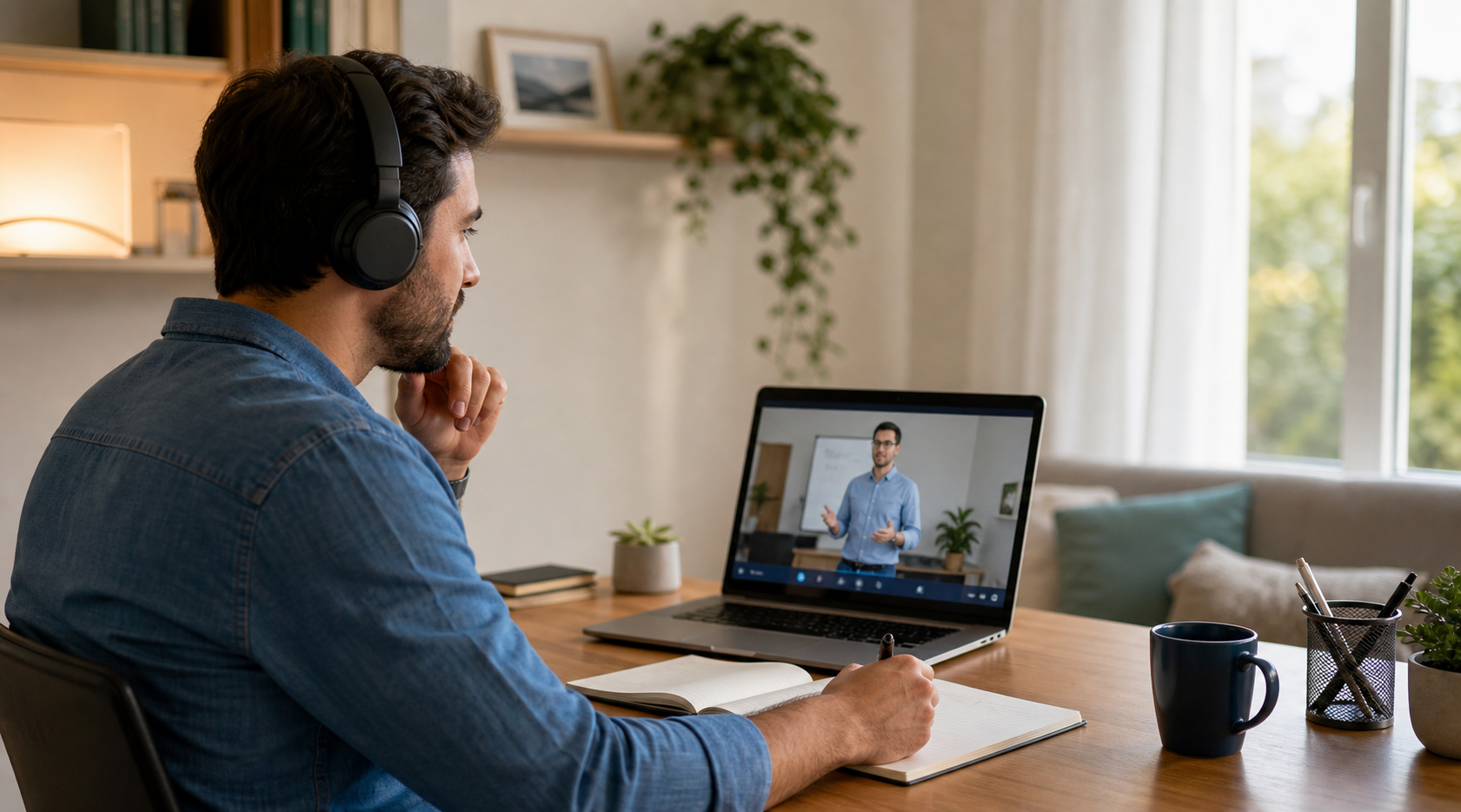 Profissional assistindo treinamento corporativo em home office